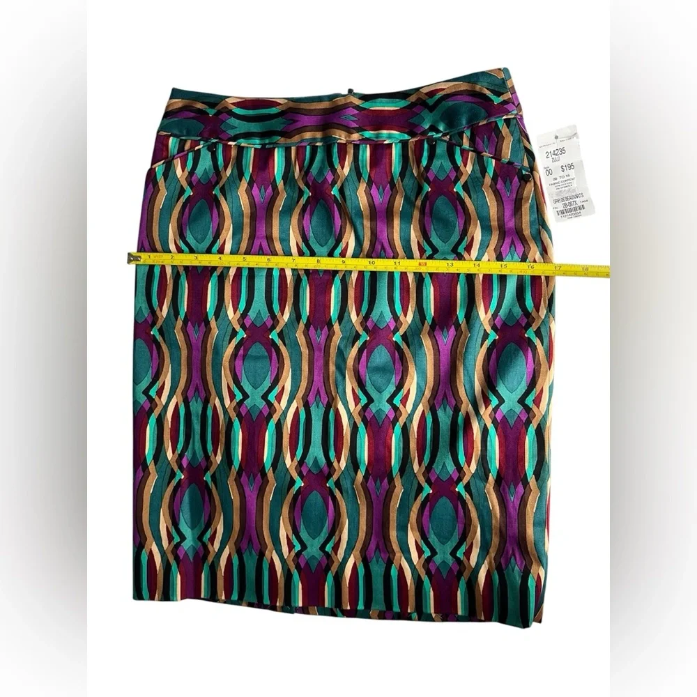 Etcetera NWT Zulu Geometric Teal Sateen Pencil Skirt Low Rise Pockets Sz 00(XXS)